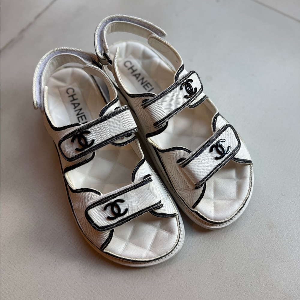 CHANEL White Sandals with Black Trim and CC Logos